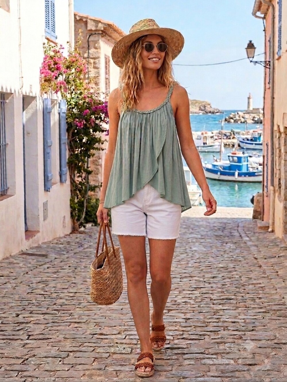 Soft Sage Braided-Strap Tank Top Made In Italy